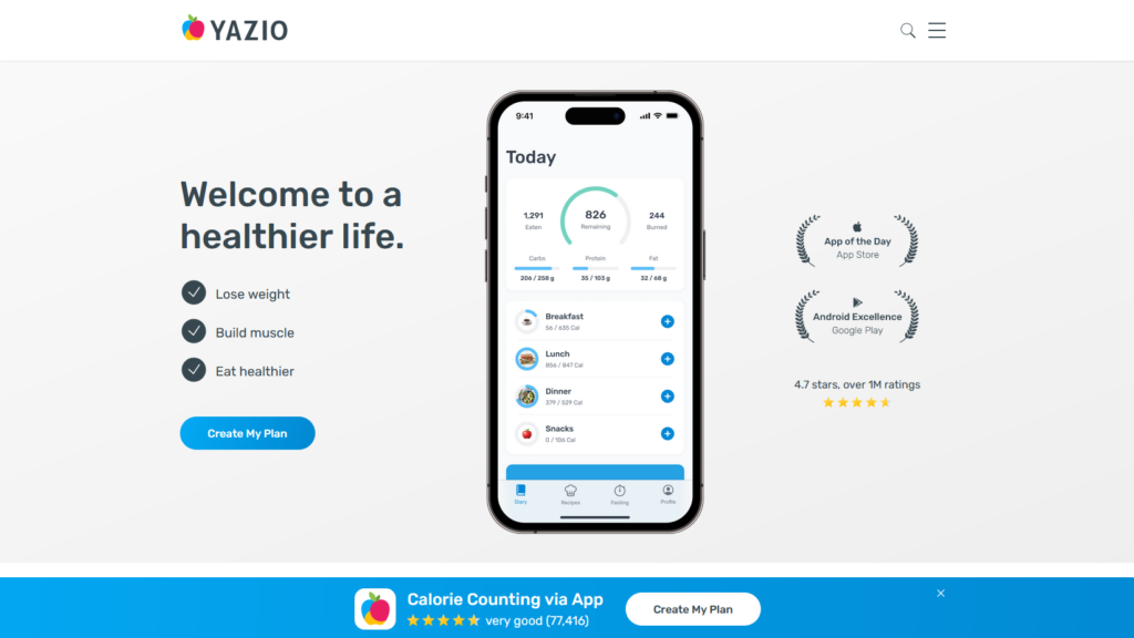 Yazio app meal planning interface for weight loss and healthy eating