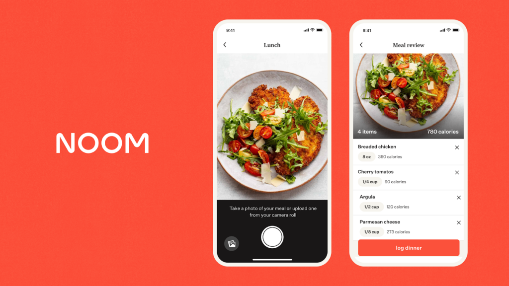 Noom app interface with personalized weight loss coaching and meal tracking.